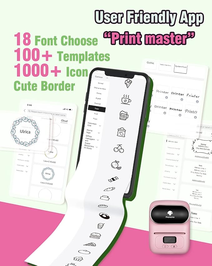 Phomemo M110 Label Maker Machine- with 3 Label Bluetooth Label Maker for for Business Labeling, Barcode, Office, Cable, Retail, with Fonts Choose, Icons, Templates, Pink