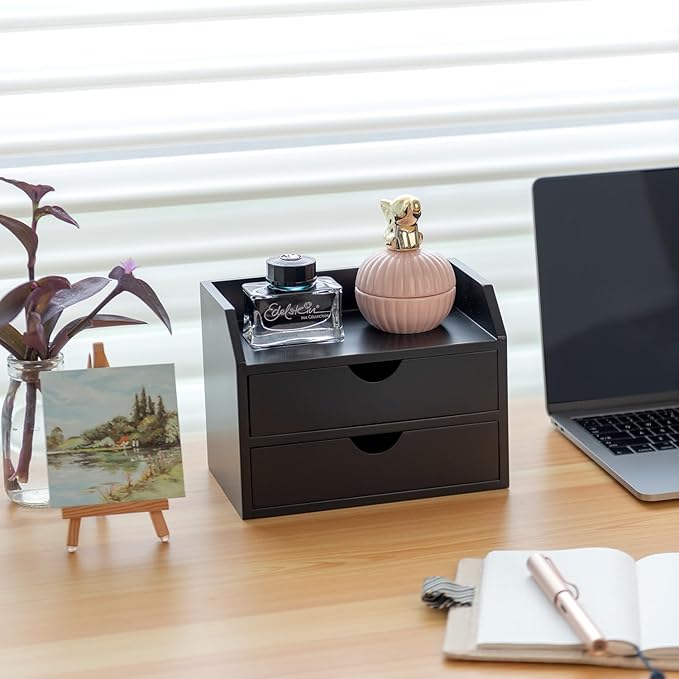 ROSE BLOOM Black Wood Desk Organizer with 2 Drawer, Mini Cute Cabinet with Storage Shelf for Tabletop, Small Desktop Box Organizer for Cosmetic Office Supplies