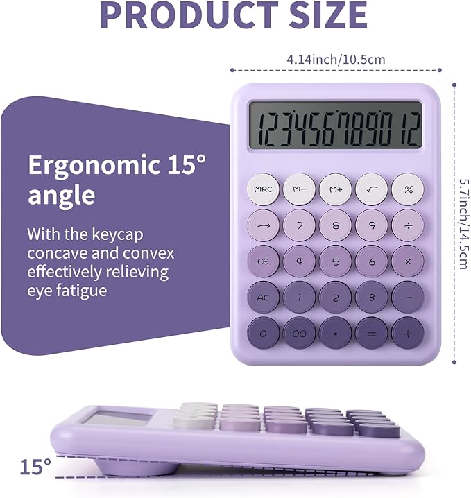 Desk Cute Purple Calculator with Big Buttons, Calculators Desktop, 12 Digit with Large LCD Display,Basic Standard Calculator,Mechanical Switch Aesthetic Calculators Office Supplies for Home and School