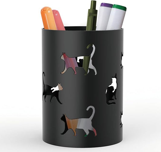 Mango Steam Metal Pen Holder, Makeup Brush Cup Organizer for Office, Bathroom, Vanity (Black, Cat)
