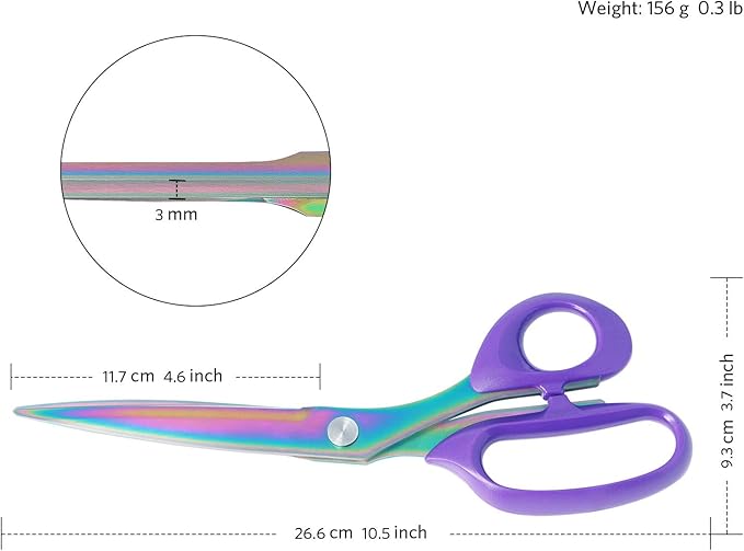 Titanium Coating Fabric Scissors, Professional Tailor Scissors, Ultra-Sharp Stainless Steel Blades, Ergonomic ABS Handle, 10.5 Inch, Rainbow&Purple