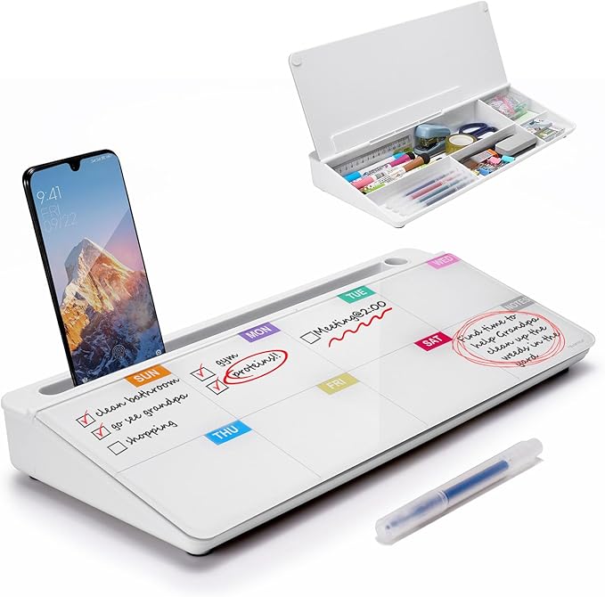 TSJ OFFICE Whiteboard Weekly Dry-Erase-Board - Desktop White Board Calendar Desk Organizers with Accessories Computer Keyboard Stand with Drawer, for Office, Home, School Supplies