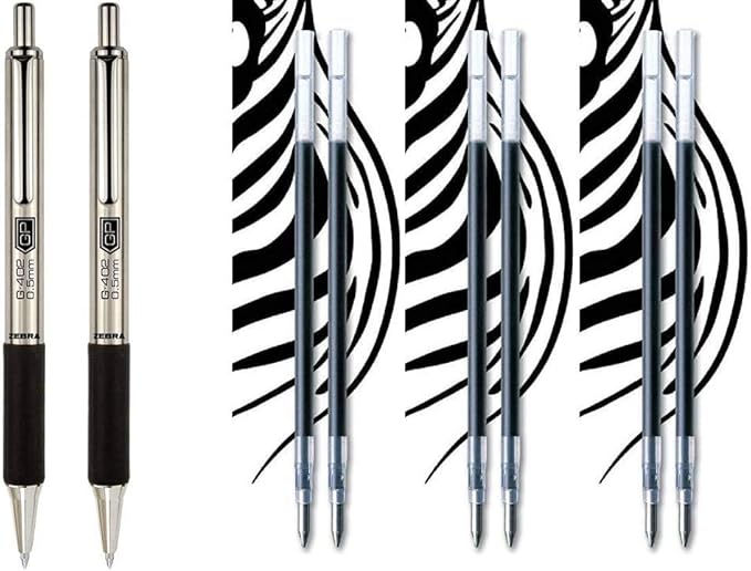 Zebra Pen G-402 Stainless Steel Retractable Gel Pen & Refills, Fine Point, 0.5mm, Black Ink, 2 Pens and 6 Refills