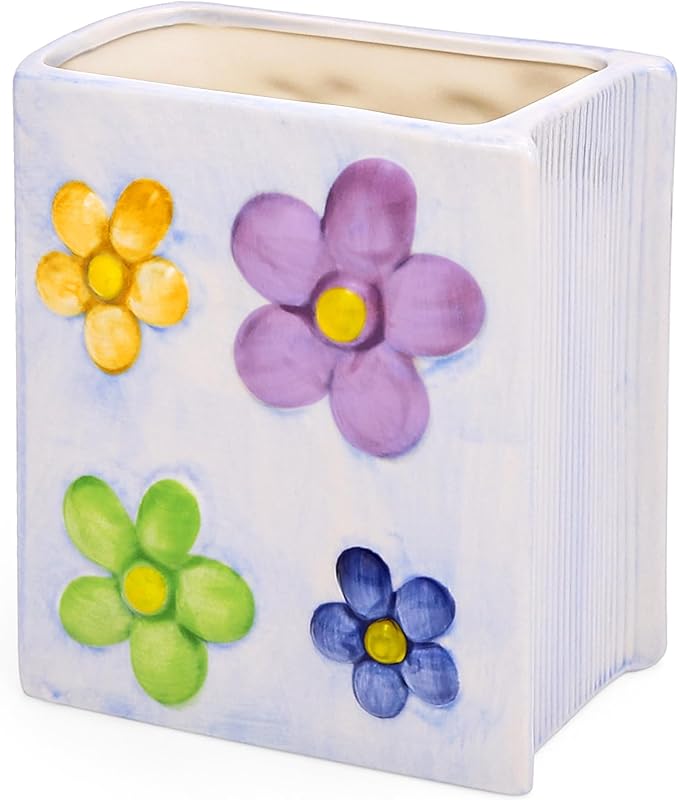 Book Vase Flower Pencil Cup Pen Holder For Office Desk Decorative Books Purple Flower Vase Cute Toothbrush Holders Home Decor Teacher Book Gifts for Women Small Makeup Brushes Holder