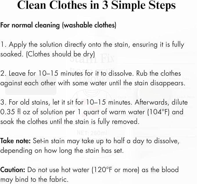 Instant Blood Stain Remover for Clothes (8.79oz)- Effectively Clean Fresh & Dried Stains from Clothes, Mattress & Sheets