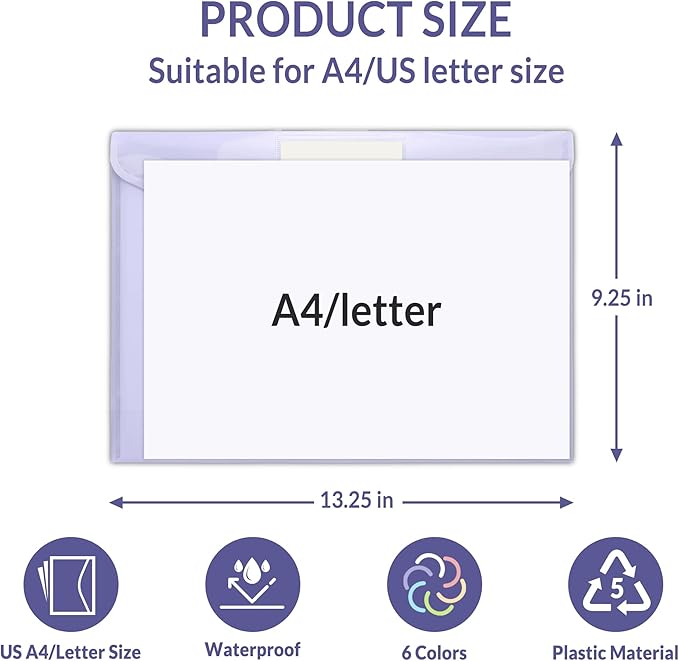 SUNEE 24 Pack Plastic Envelopes, Folders for Document for A4 Letter Size, Poly File Folders with Label Pockets for School Home Office Organizer Work Supplies, 6 Colors