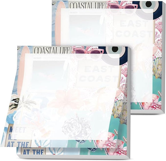 Sticky Notes, 2 Pads, 3x3 inches, Cute Colorful Fun Self-Stick Note Pads, Easy Post, Strong Adhesive Notepad Beach Collage Blue