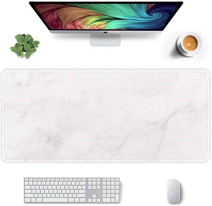 Auhoahsil Extended Mouse Pad, XXL Gaming Mouse Pads, Large Big Mousepad Laptop Computer Keyboard Mat Desk Pad with Non-Slip Base and Stitched Edge for Gaming Office, 35.5 x 15.7 inch, White Marble