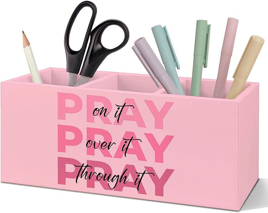 SNNDER Christian Pen Holder for Desk, Prayer Christian Gifts for Women, Pray on It Pray Over It Pray Through It Wooden Pen Pencil Holder Organizer for Home Office Desk Accessories(PINK)