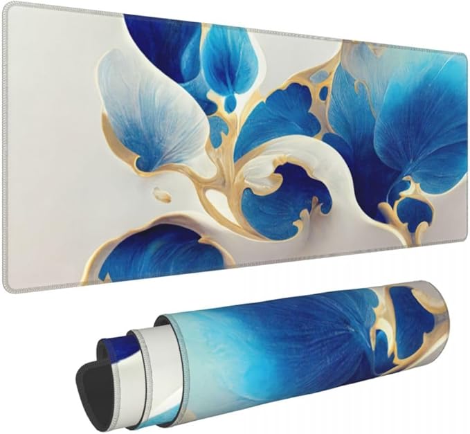 Desk Pad,Office Desk Mat 31.5"×11.8" Large Gaming Mouse Pad,Extended Computer Mouse Pad,Waterproof Thick Big Mouse Pads with Non-Slip Rubber Base Office Home Blue White Marble Flower