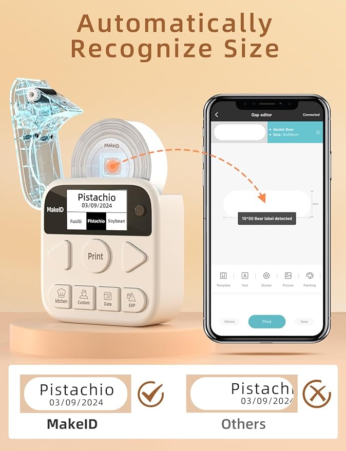 Makeid Label Maker Machine with Tape, S1 Pro Bluetooth LCD Display Labeler, One-Click Quick Print Inkless Magnetic Label Printer for Kitchen Home School Office Organization