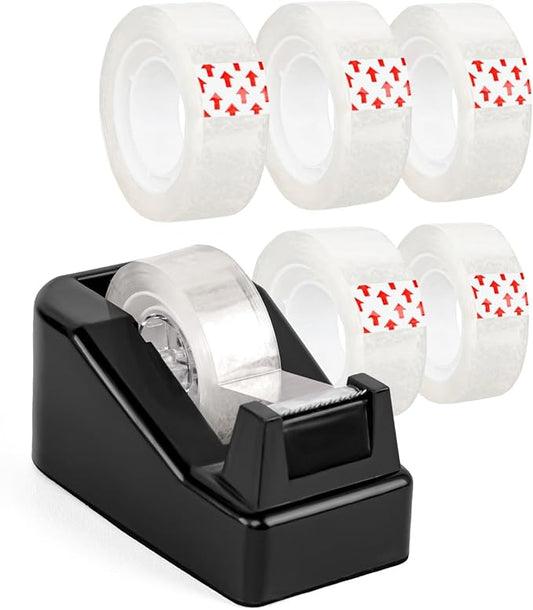 Desktop Tape Dispenser Black with Weighted Nonskid Base - Includes 6 Rolls of Transparent Tape (0.71 Inch x 1000 inches Each)