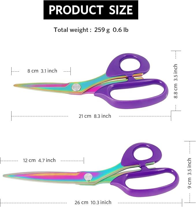 Fabric Scissors, Heavy Duty Titanium Plated Stainless Steel, Tailor Scissors for Cutting Fabrics and Leather, Purple, Set of 2 (26cm/21cm)