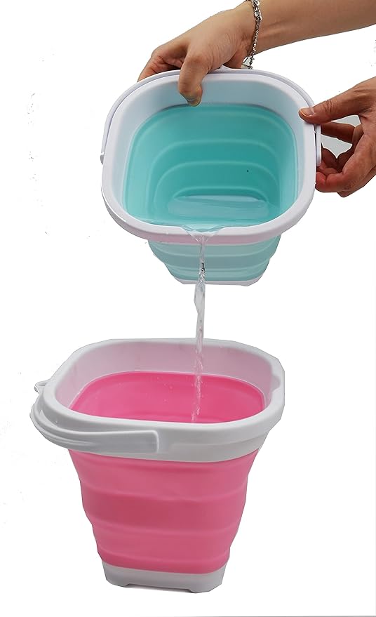 SAMMART 2.6L (0.68 Gallon) Super Mini Sqare Collapsible Plastic Bucket - Foldable Square Tub - Portable Fishing Water Pail - Space Saving Outdoor Waterpot (1, White/Lake Green)