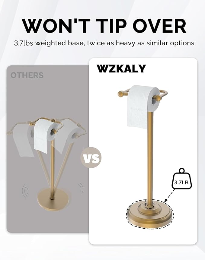 WZKALY Toilet Paper Holder Stand, Brushed Brass Toilet Paper Holder Free Standing, Post Pivoting Design & Stable Weighted Base SUS304 Stainless Steel for Bathroom(Mega Roll)