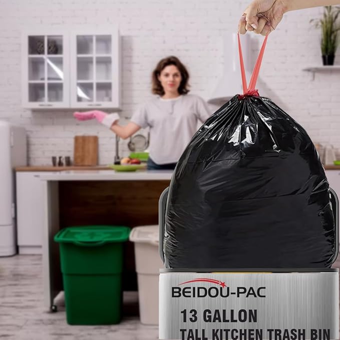 13 Gallon Trash Bags Drawstring, 50 Count Bulk, Black & Unscented Garbage Bags, Multi-purpose Tall Kitchen Trash Bags Can Liners for Business Home Commercial and Industrial