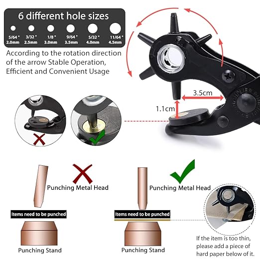 Belt Hole Puncher with 240 Sets of Leather Rivets - Updated Hole Sizes Puncher for Belt, Watch Band, Strap, Dog Collar, Saddle, Shoes, Fabric, DIY Home or Craft Project