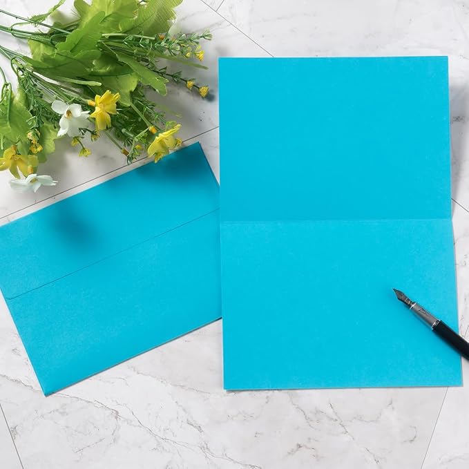 Wishop 50 Pack Blue Self-Adhesive Envelopes with Fold Cards 5 Colors for Wedding Invitations and Greeting Cards (Blue 5 Colors, 5x7)