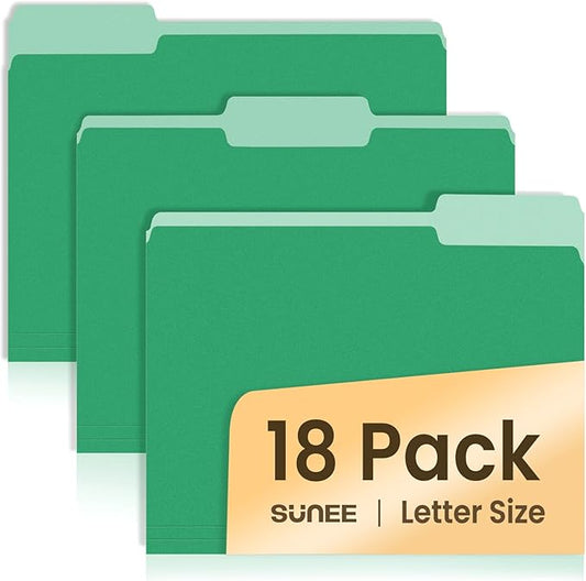 SUNEE File Folders, 18 Pack Manilla Folders 8.5 x 11, Colored File Folders Home Office School Supplies for Documents Files Paper, Green