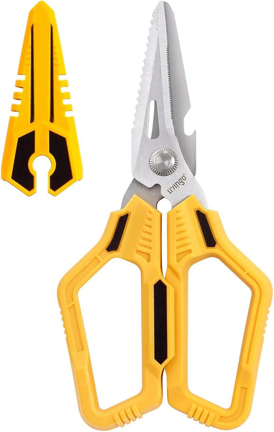 LIVINGO Heavy Duty Scissors All Purpose - 7.87" Sharp Utility Shears Multi-function Blades with Protective Cover for Industrial, Home Repair and Outdoor Cutting Cable, Rope, Plastic, Leather, and Wire