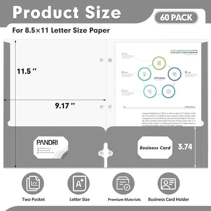 Two Pocket Portfolio Folders, PANDRI 60 Pack 3 Hole Punched 2 Pocket Folders for 3 Ring Binder, Letter Size Paper File Folder for School Office Home Business, Grey