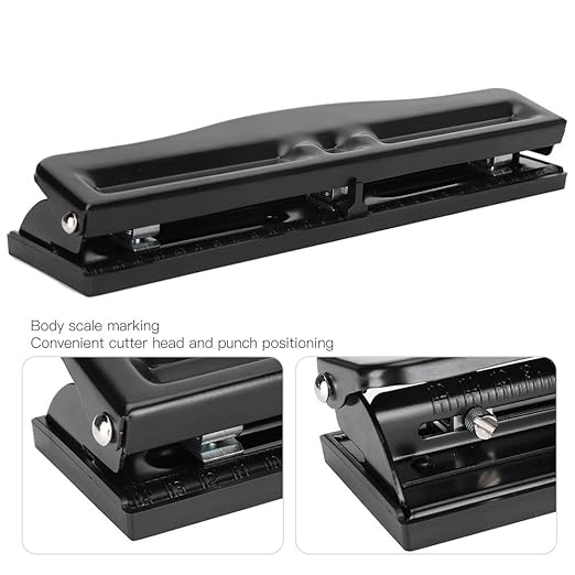 Akozon 3 Hole Adjustable Heavy-Duty Hole Punch, Black, Minimalist Style, Punctures Up to 10 Sheets, Metal Body, Iron Handle