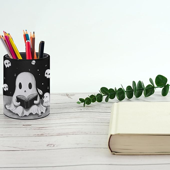 Cute Ghosts Pen Holder Pencil Organizer Cute Pencil Cup Desk Decor Makeup Brush Holder PU Multifunctional Office Suppliesfor Home Classroom School