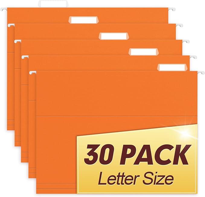 HERKKA Hanging File Folders, 30 Pack Reinforced Letter Size Hanging Folders, Designed for Bulky Files, Filing Cabinet, 1/5-Cut Adjustable Tabs (Orange)