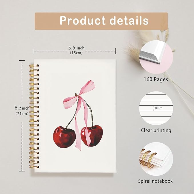 Coquette Pink Bow Cherry Notebook, Preppy Trendy Aesthetic Journal for Girls, Cute College Ruled Spiral Planner, Coquette School Supplies & Gifts for Women, 5.5x8.3 Inch