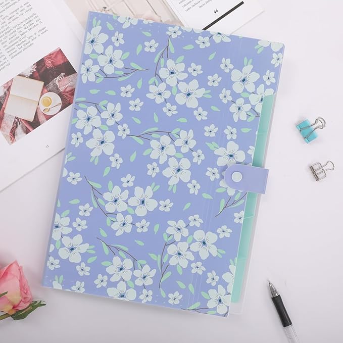 SKYDUE Expanding File Folder with 6 Pockets, Floral Accordion File Organizer for Important Document, Expandable Receipt Paper Holder, School Office Supplies Purple