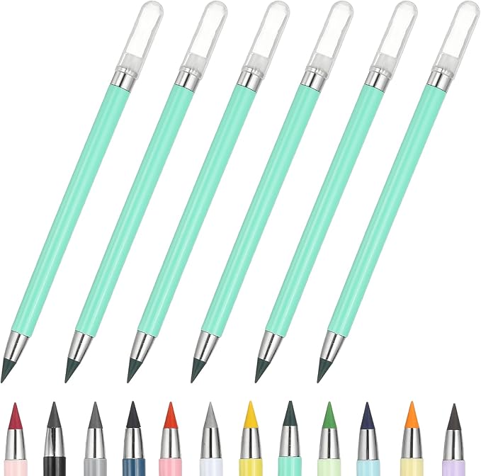 PATIKIL Forever Pencil, 6 Pcs Mechanical Sharpened Cute Metal Pencils Set for Coloring Book Sketch Drawing Writing Art Beginner, Green