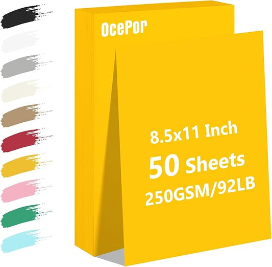 OcePor 50 Sheets Yellow Cardstock Paper, Colored Printer Paper 8.5 x 11, Card Stock Thick Construction for Craft,Scrapbook，Office Printing, Invitations, Certificates，92 lb/250gsm