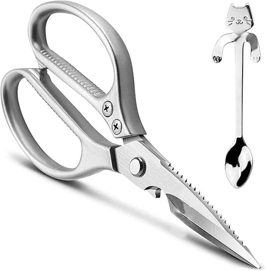 LONJYI Multi Function Kitchen Scissors, Heavy Duty Stainless Steel Shears with Ultra Sharp Blades Left Right Handed Scissors Use for Chicken Meat Seafood Vegetables BBQ Bottle Opener Silver