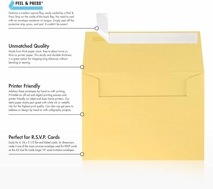 LUXPaper A2 Invitation Envelopes | Peel & Press | 4 3/8" x 5 3/4" | Gold Metallic | 80lb. Text | 50 Qty