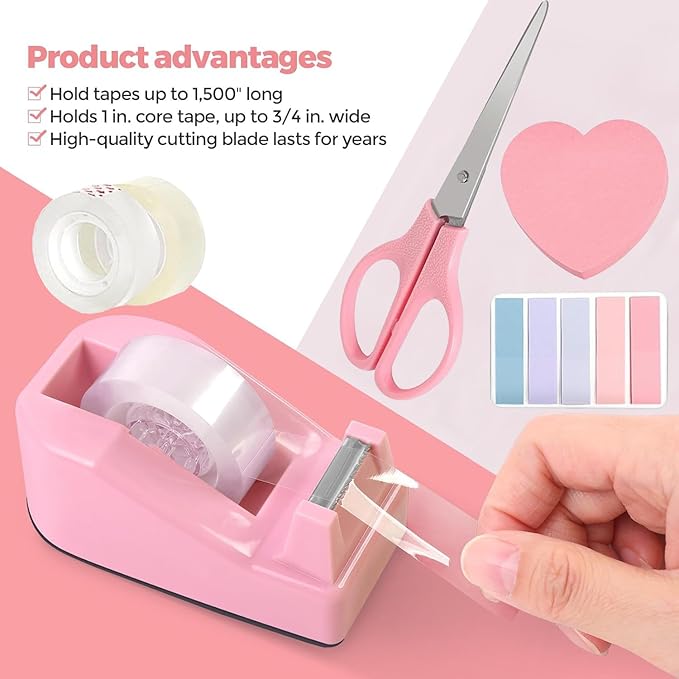 12 Pack Office Supply Kit,Pink Office Supplies Includes Stapler,Tape Dispenser,Staple Remover,Staples,Clips,Scissor,Staples,Clips,Scissor,Ruler and Tabs