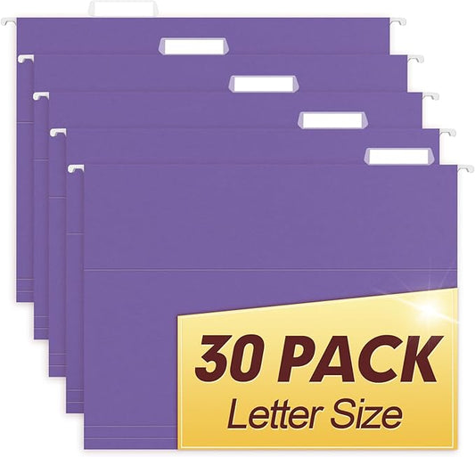 HERKKA Hanging File Folders, 30 Pack Reinforced Letter Size Hanging Folders, Designed for Bulky Files, Filing Cabinet, 1/5-Cut Adjustable Tabs (Purple)