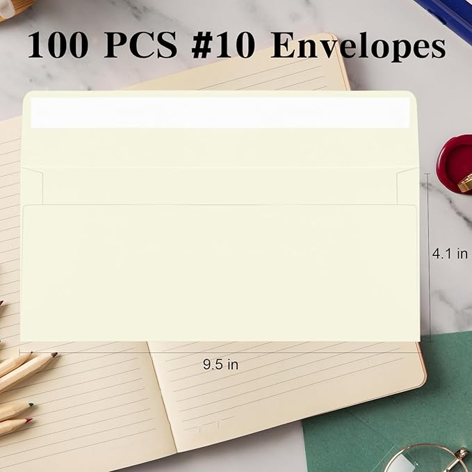 100 Pack Ivory #10 Business Envelopes, Standard Envelopes Self Seal, 4 1/8 x 9 1/2 Inch Letter Size Business Mailing Envelopes for Checks Invoices Statements Baby Shower Wedding Birthday