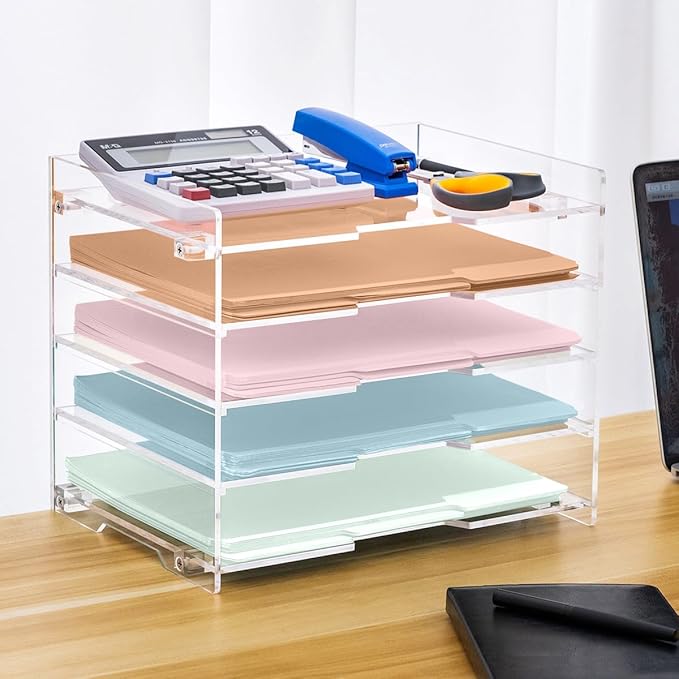 File Paper Organizer Letter Tray For Desk Office Supplies Folder Accessories Storage, Clear Acrylic, For Home School Desktop Organization