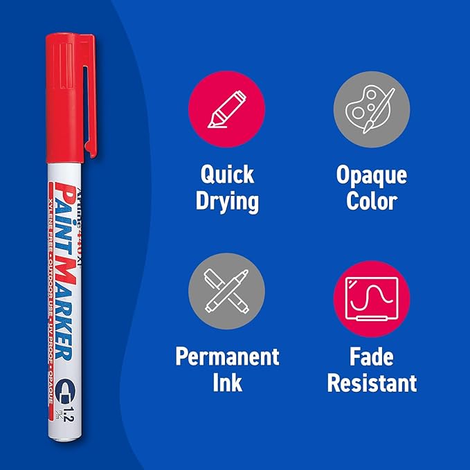 Artline 440XF Paint Markers for Wood, Plastic, and Canvas, Waterproof Marker for Indoor/Outdoor Applications, Opaque Coloring Markers with 1.2mm Bullet Tip - Red, 12 Pack