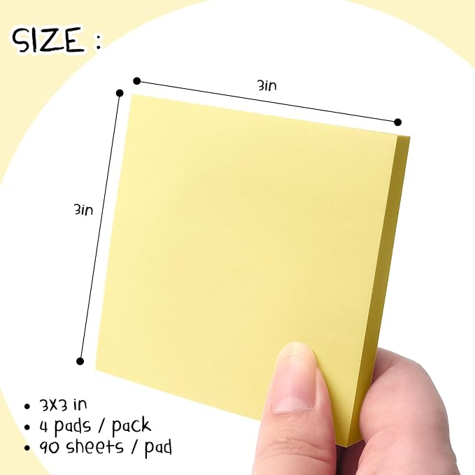 Sticky Notes 3x3 Self-Stick Notes Pads with Bright Colors, Easy to Post for Office, School, Home, 4 Pads/Pack, 90 Sheets/Pad (Yellow)