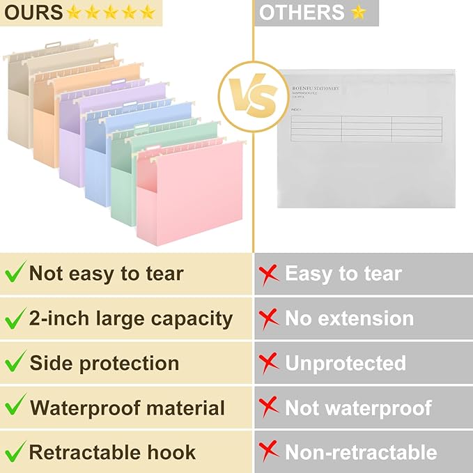 Plastic Hanging File Folders Letter Size,6 Pack Extra 2 Inch Capacity Hanging File folders with Tabs,Heavy Duty for Filing Cabinet,Home and Office File,Pastel Colors