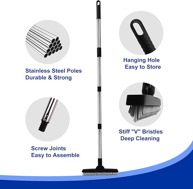BITOPE Grout Brush Cleaner with Adjustable Long Handle, Swivel V-Shaped Stiff Bristles Scrubber, Tile Cleaning Crevice Line Corner Brush for Bathroom Shower Baseboards Hard to Reach Areas-56 inch