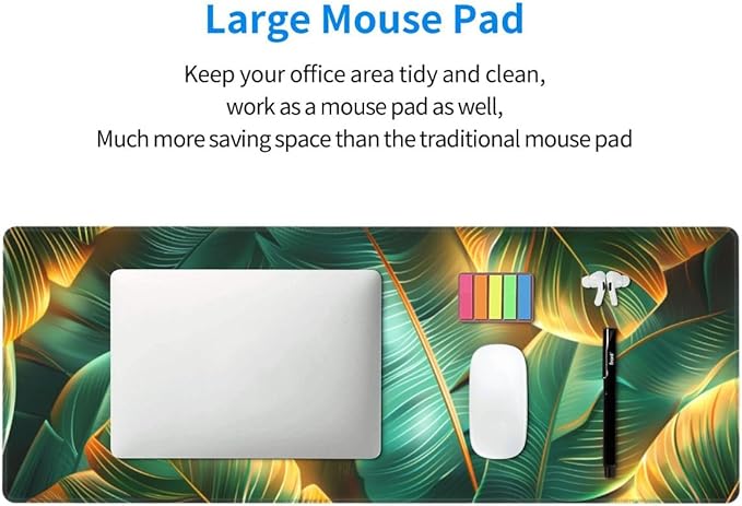 Desk Pad,Office Desk Mat 31.5"×11.8" Large Gaming Mouse Pad,Durable Extended Computer Mouse Pad,Waterproof Thick Big Mouse Pads with Non-Slip Rubber Base Office Home Gold Green Palm Leaves