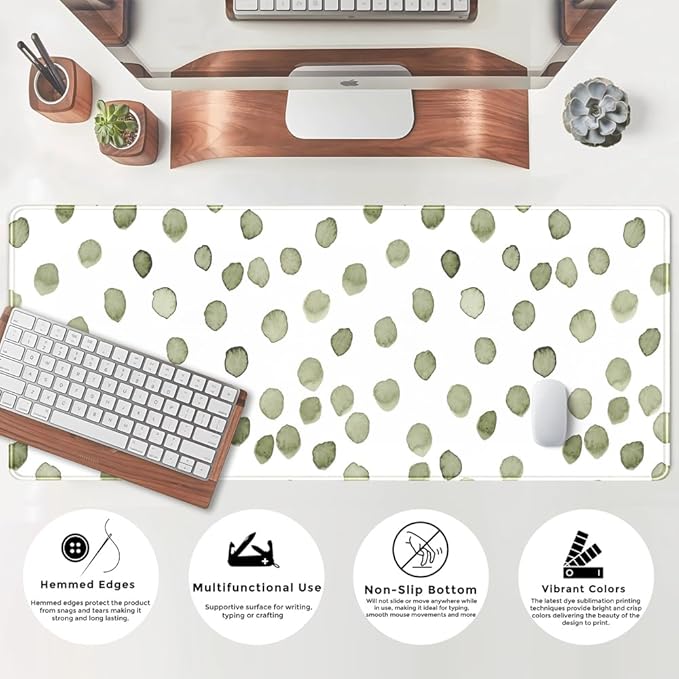 Cute Polka Dot Minimalist Green Keyboard Pad Simple & Atmospheric Desk Mat XL Large Mouse Pad for Women Office Desk Decor Desk Pad with Stitched Edges 31.5x11.8in, Computer Laptop Pad Gaming Mousepad