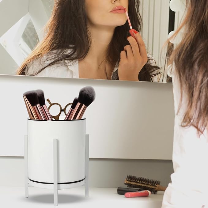 Desk Ceramic Pencil Cup with Metal Legs, Ceramic Pencil Cup, Black and White Pen Holder Cup for Office, Desk Decor for Women Girls, Cute Makeup Brushes Holder