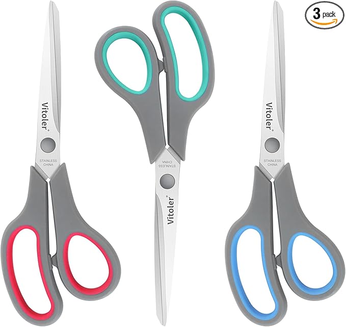 Vitoler Scissors, Heavy Duty Scissors All Purpose Bulk Set of 3-Pack，Sharp Scissor for Office School Craft Sewing Fabric, Right/Left Hand