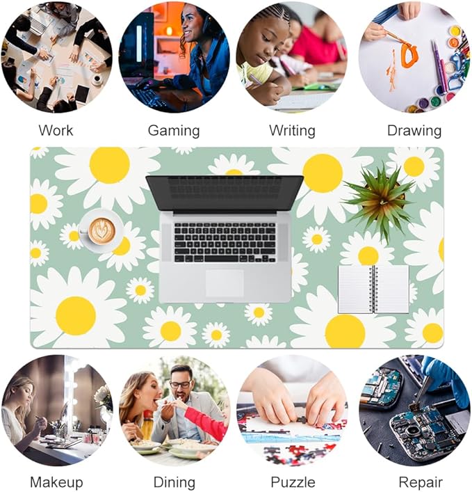 QIYI Large Mouse Pad, Extended Desk Mat for Desktop, PU Leather Waterproof Gaming Mousepad, Computer Desk Accessories Protector Writing Pads for School Office Home 31.5" x 15.7" - Sunny Daisies