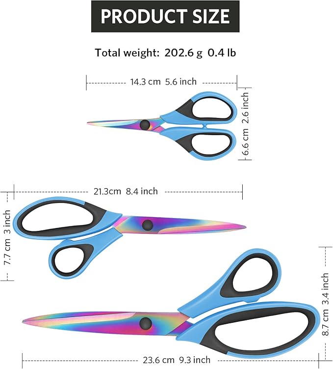 Tailor Scissors, Sharp Titanium Blades, Soft Grip Handle, Multi-Purpose Scissors Set of 3 Suitable for Families, Crafting, Office, and School Use, Blue/Black