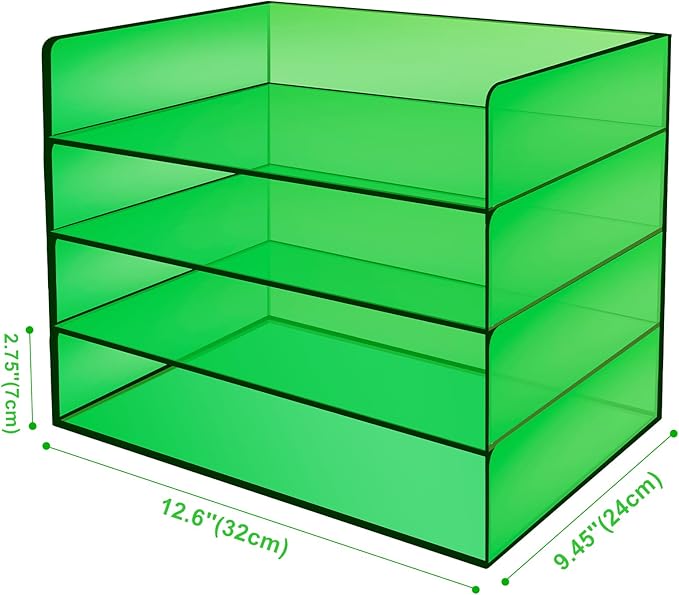 Acrylic File Organizer for Desk 4 Tiered Stackable Letter Tray Office Paper Storage Desktop Document Sorter, Emerald Green