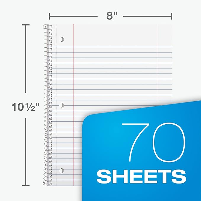 Oxford Spiral Notebooks, 6 Pack, 1 Subject, Wide Ruled Notebooks for School, 8 x 10.5 Inches, 70 Sheets, Assorted Colors, Back to School Supplies (65010)